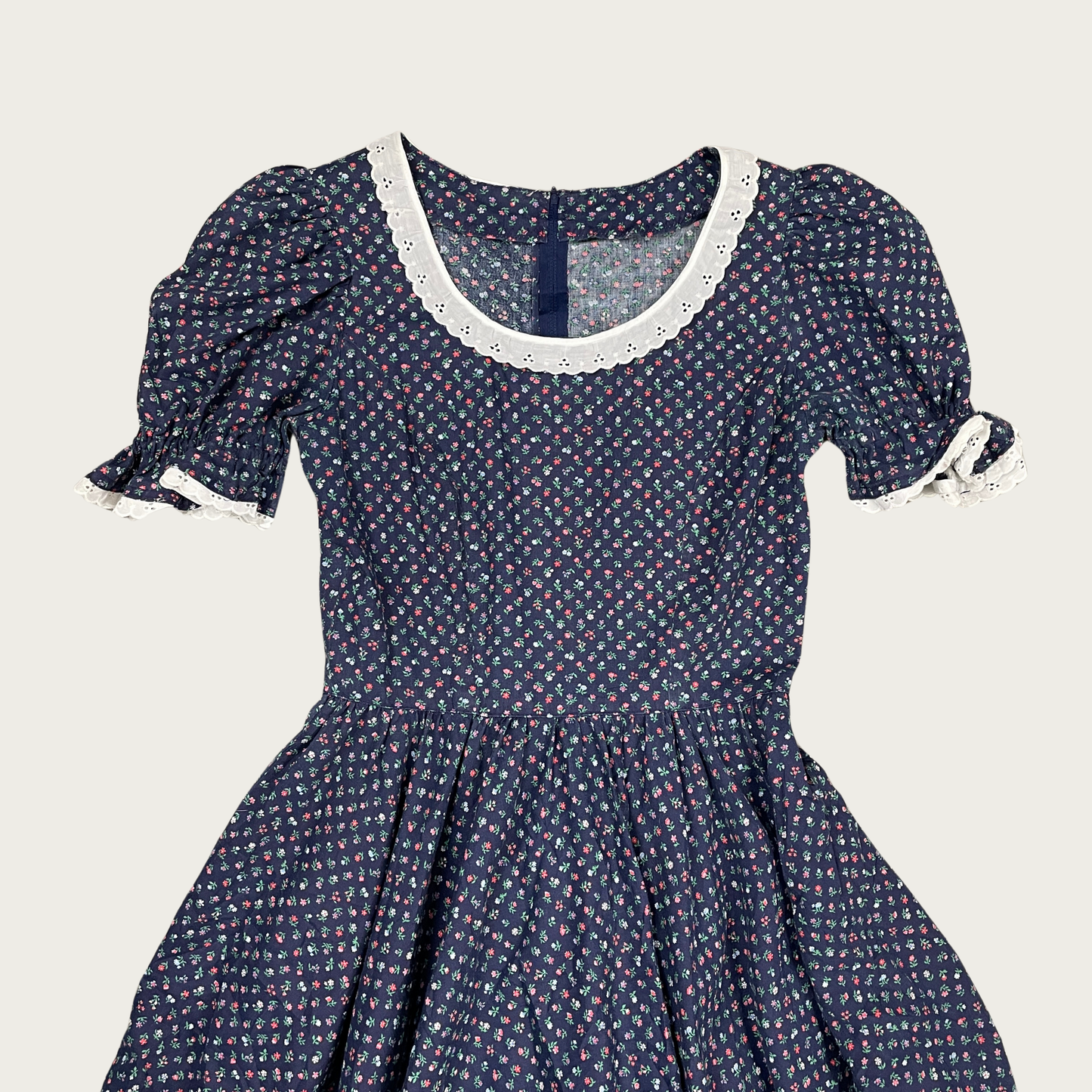 (M) 70s Navy Blue Floral Square Dancing Dress