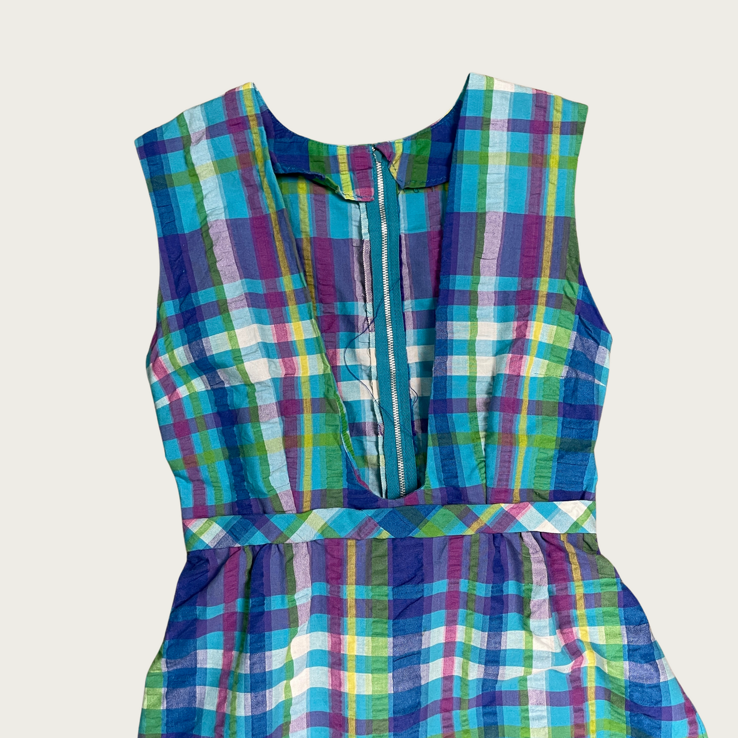 (S) Blue Plaid Plunge Neck Maxi Dress