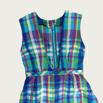 (S) Blue Plaid Plunge Neck Maxi Dress