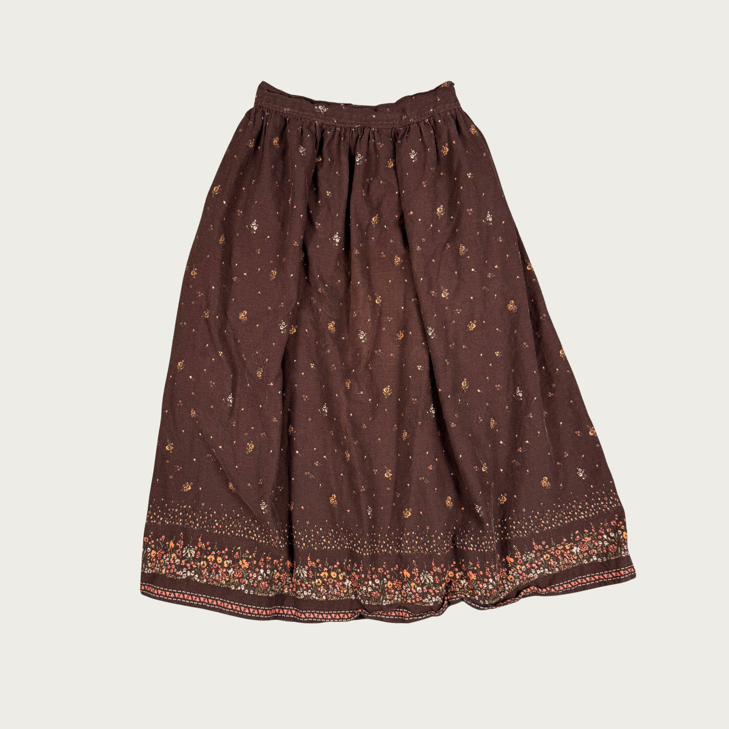 (23") 60s/70s Brown/Orange Floral Midi Skirt