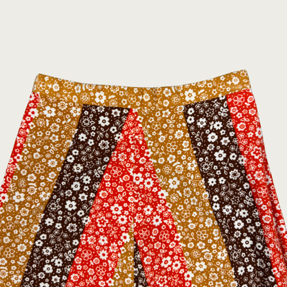 (24") 70s Orange/Brown Floral Corduroy Maxi Skirt