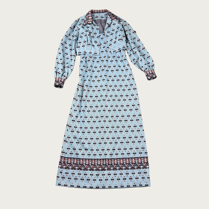 (M) 60s Blue Geometric Pattern Maxi Dress/Shawl Set