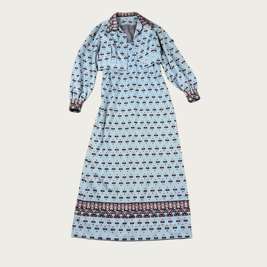 (M) 60s Blue Geometric Pattern Maxi Dress/Shawl Set