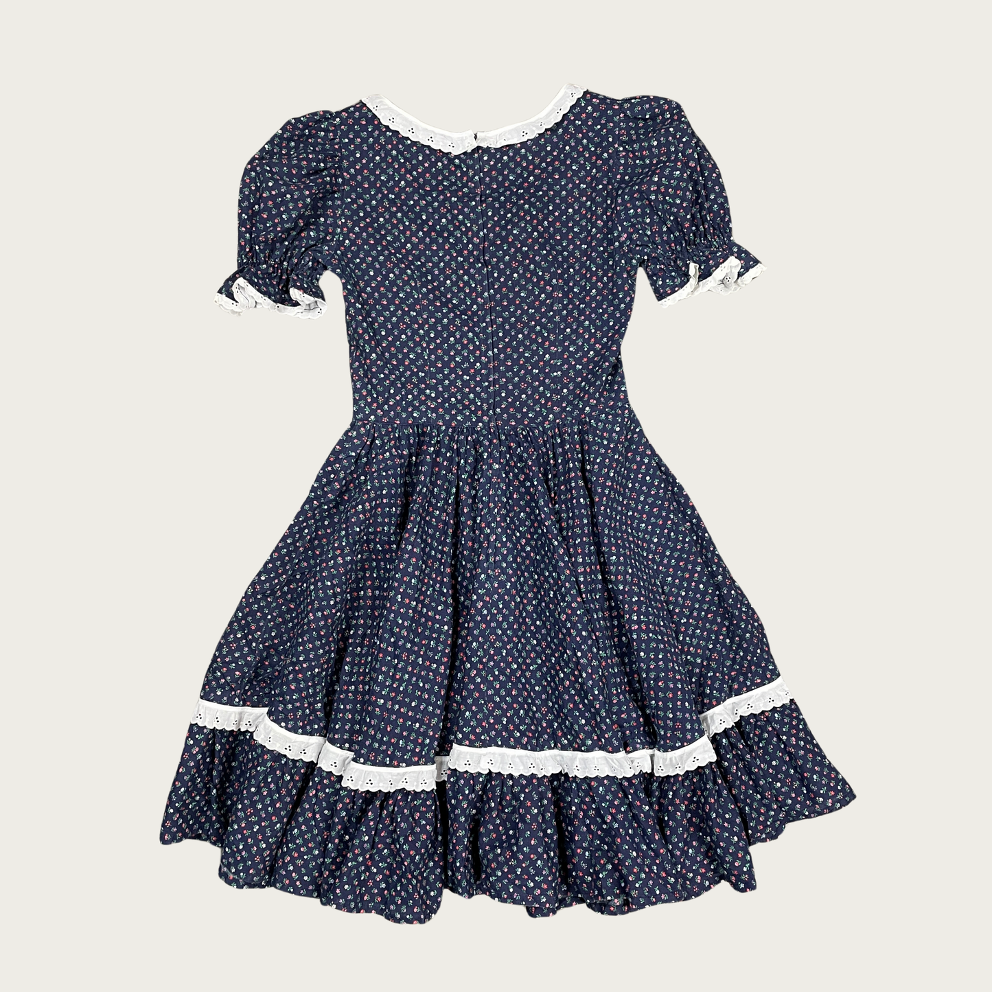 (M) 70s Navy Blue Floral Square Dancing Dress