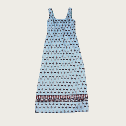 (M) 60s Blue Geometric Pattern Maxi Dress/Shawl Set