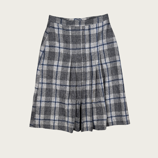 (28") Gray/Blue Plaid Wool Pleated Midi Skirt