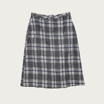 (28") Gray/Blue Plaid Wool Pleated Midi Skirt