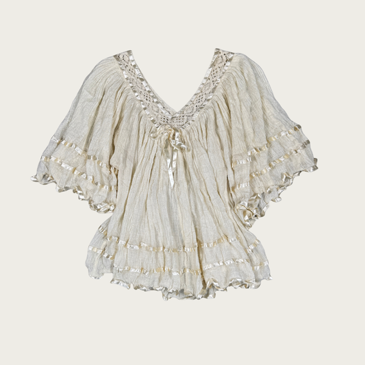 (S/M) Cream Gauze Ribbon Trim Blouse