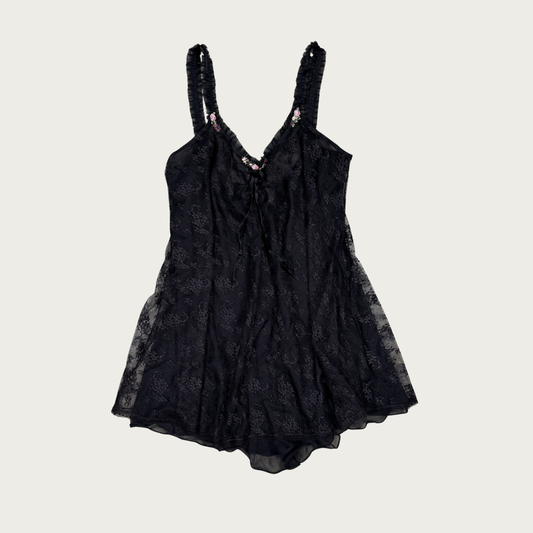 (M) Black Sheer Lace Vintage Slip Dress