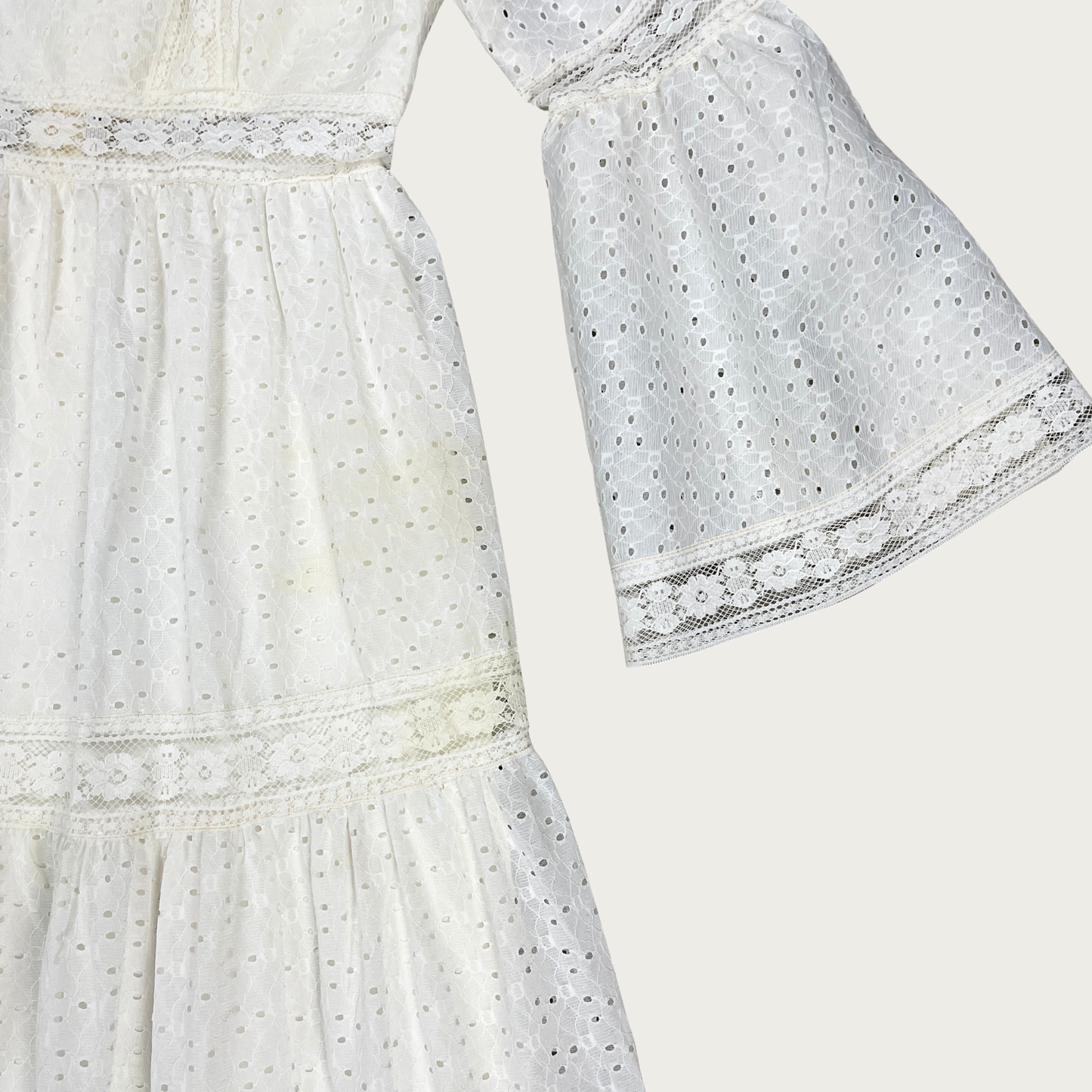 S) 70s Lace Eyelet Bell Sleeve Maxi Dress The Clothing Warehouse S) 70s Lace Eyelet Bell Sleeve Maxi Dress The Clothing Warehouse