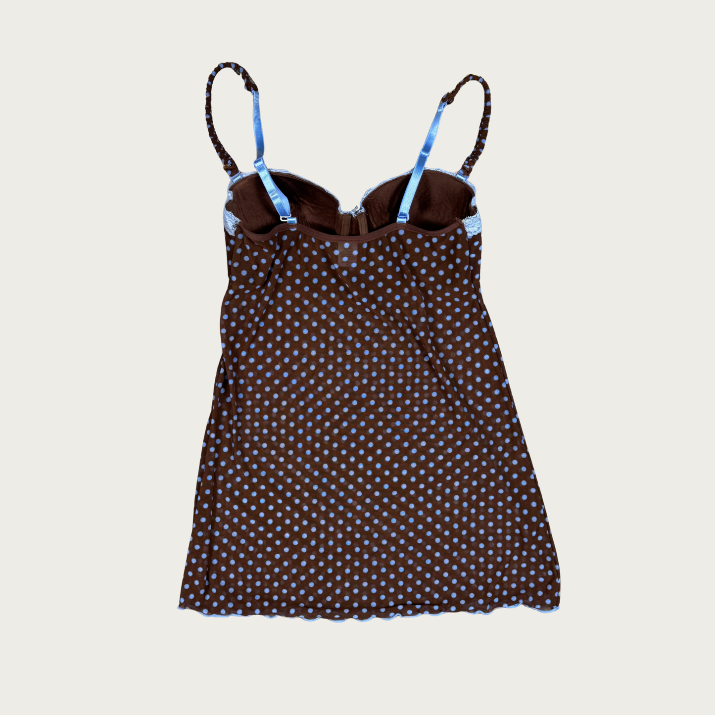 (S/M) Brown/Blue Polka Dot Mesh Bustier Slip