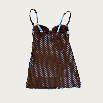 (S/M) Brown/Blue Polka Dot Mesh Bustier Slip