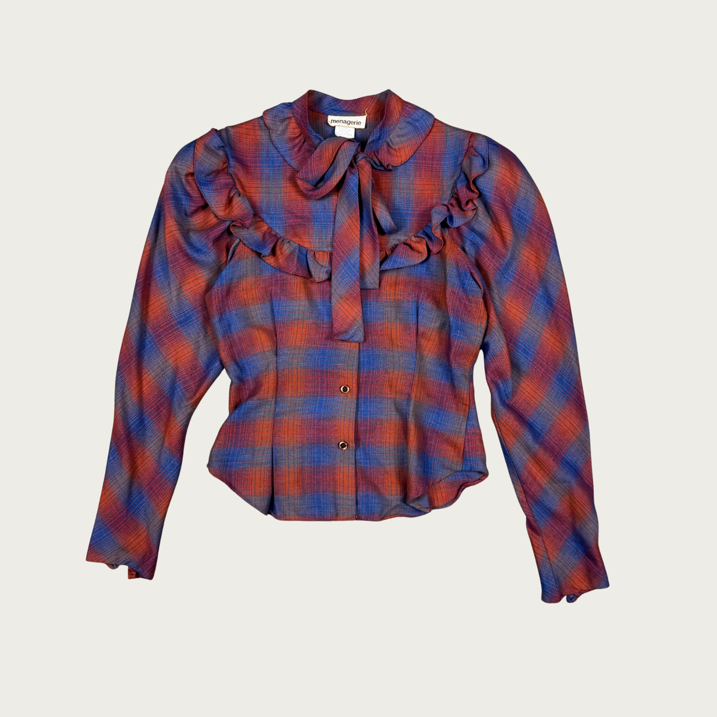 (S) 60s/70s Plaid Ruffle Neck Tie Blouse