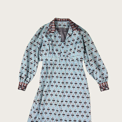 (M) 60s Blue Geometric Pattern Maxi Dress/Shawl Set
