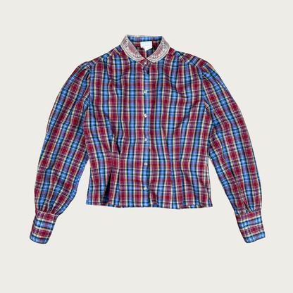 (M) 70s/80s Blue/Burgundy Plaid Lace Collar Blouse