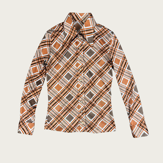 (S) 70s Orange/Brown Plaid Disco Shirt