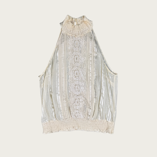 (L) Bebe High Neck Cream Sleeveless Blouse