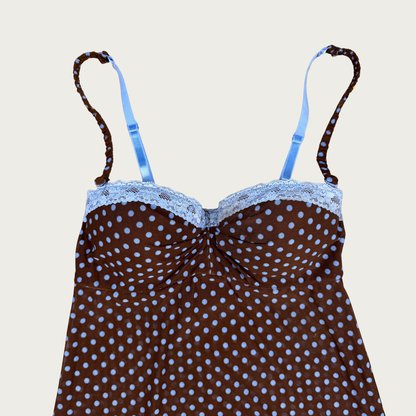 (S/M) Brown/Blue Polka Dot Mesh Bustier Slip