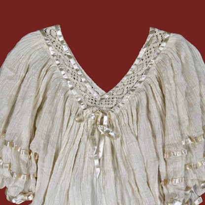 (S/M) Cream Gauze Ribbon Trim Blouse