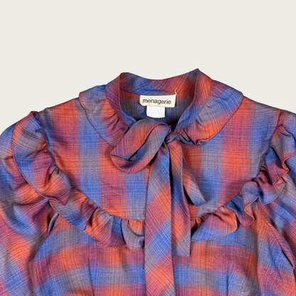 (S) 60s/70s Plaid Ruffle Neck Tie Blouse