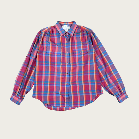 (XL) 80s/90s Pink Multicolor Plaid Blouse