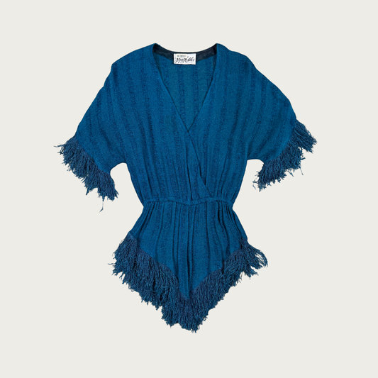 (S) 70s/80s Teal Fringe Knit Tunic Top