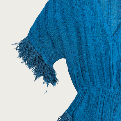 (S) 70s/80s Teal Fringe Knit Tunic Top