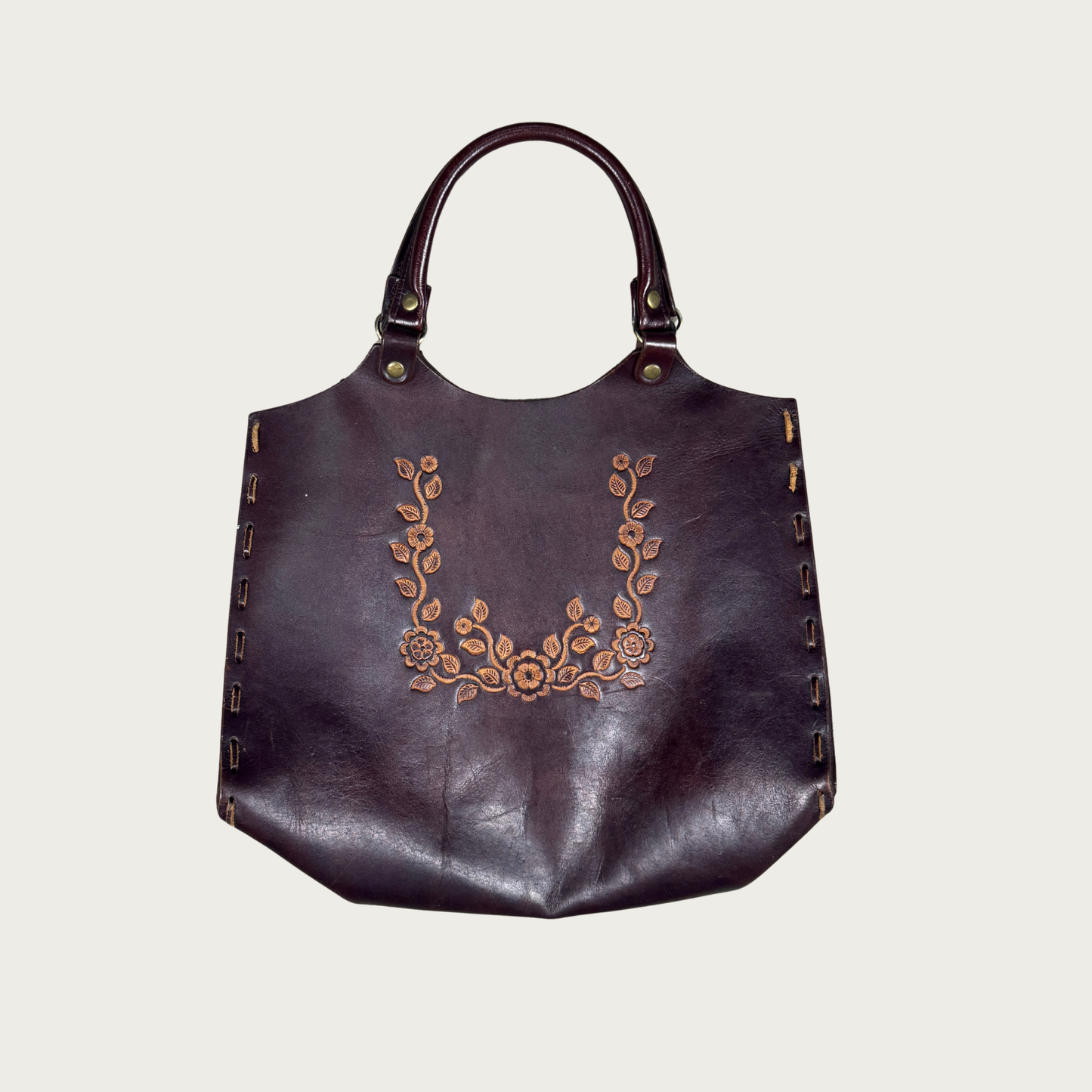 Brown Floral Tooled Leather Vintage Handbag