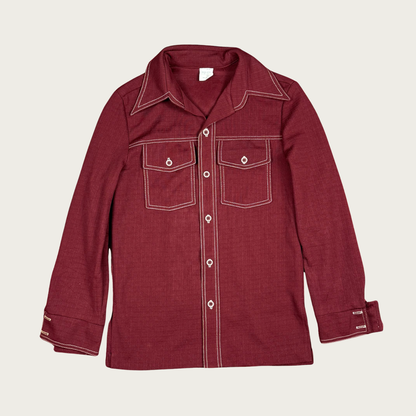 (S/M) 70s Burgundy Dagger Collar Button Up Shirt