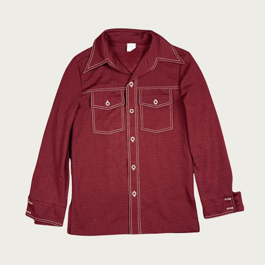 (S/M) 70s Burgundy Dagger Collar Button Up Shirt