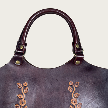 Brown Floral Tooled Leather Vintage Handbag