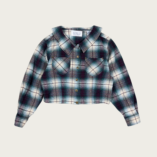 (M) 90s Purple/Teal Plaid Cropped Shacket