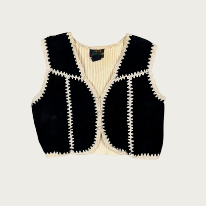 (M/L) 80s/90s Black/Cream Suede Knit Vest