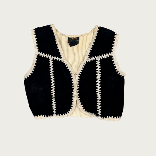 (M/L) 80s/90s Black/Cream Suede Knit Vest