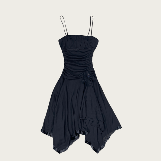 (XS/S) Y2K City Triangles Black Ruched Mesh Asymmetrical Hem Dress