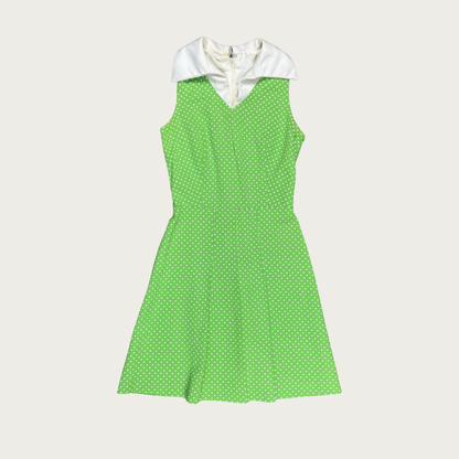 (XS/S) 60s/70s Green/White Polka Dot Collared Midi Dress