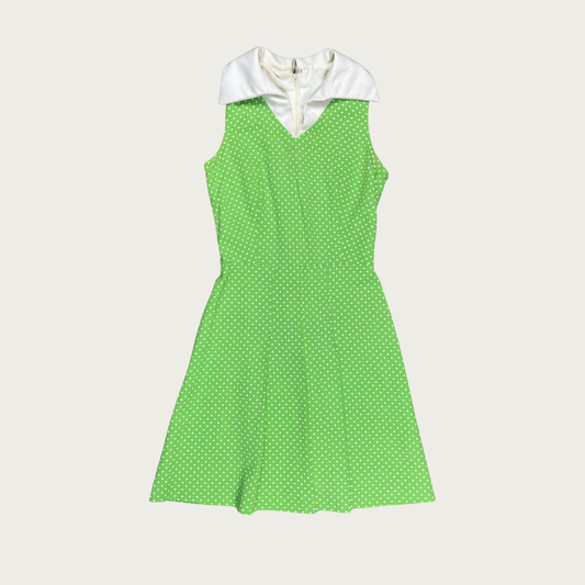 (XS/S) 60s/70s Green/White Polka Dot Collared Midi Dress