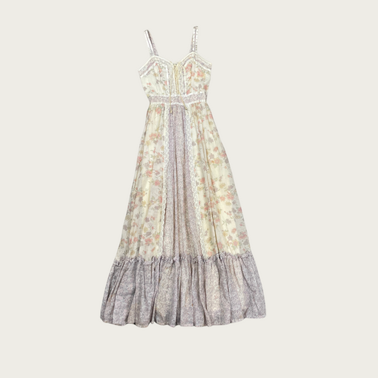 (S) 70s Gunne Sax Cream and Lilac Floral Sun Dress