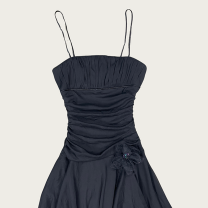 (XS/S) Y2K City Triangles Black Ruched Mesh Asymmetrical Hem Dress