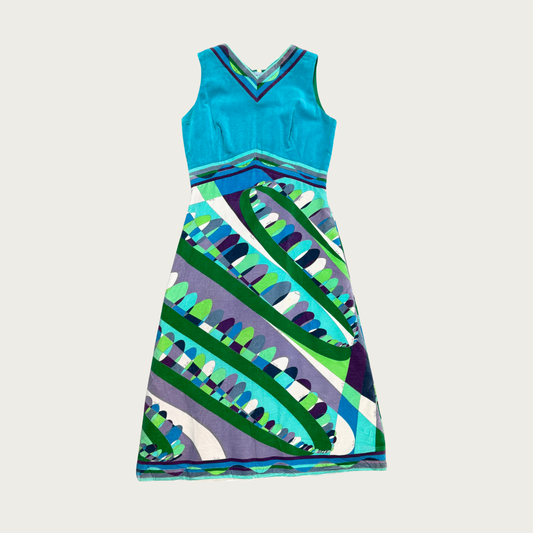 (M) 1960s Emilio Pucci Teal Velvet Signature Op Art Dress