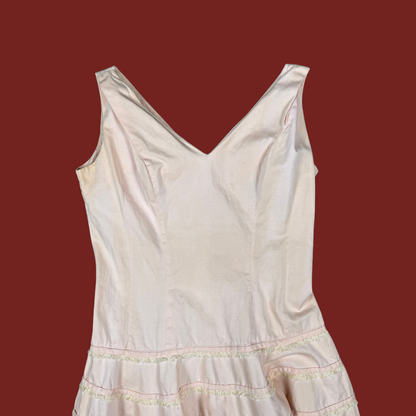 (M) 60s/70s Baby Pink Lace Ruffle Trim Midi Dress