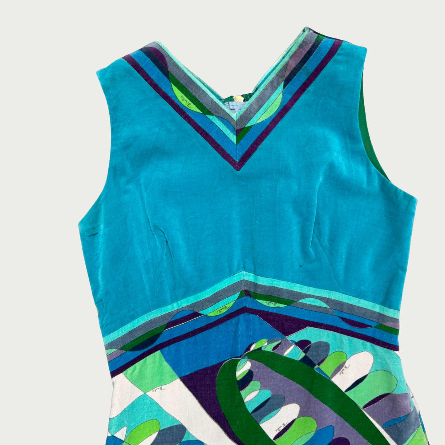(M) 1960s Emilio Pucci Teal Velvet Signature Op Art Dress