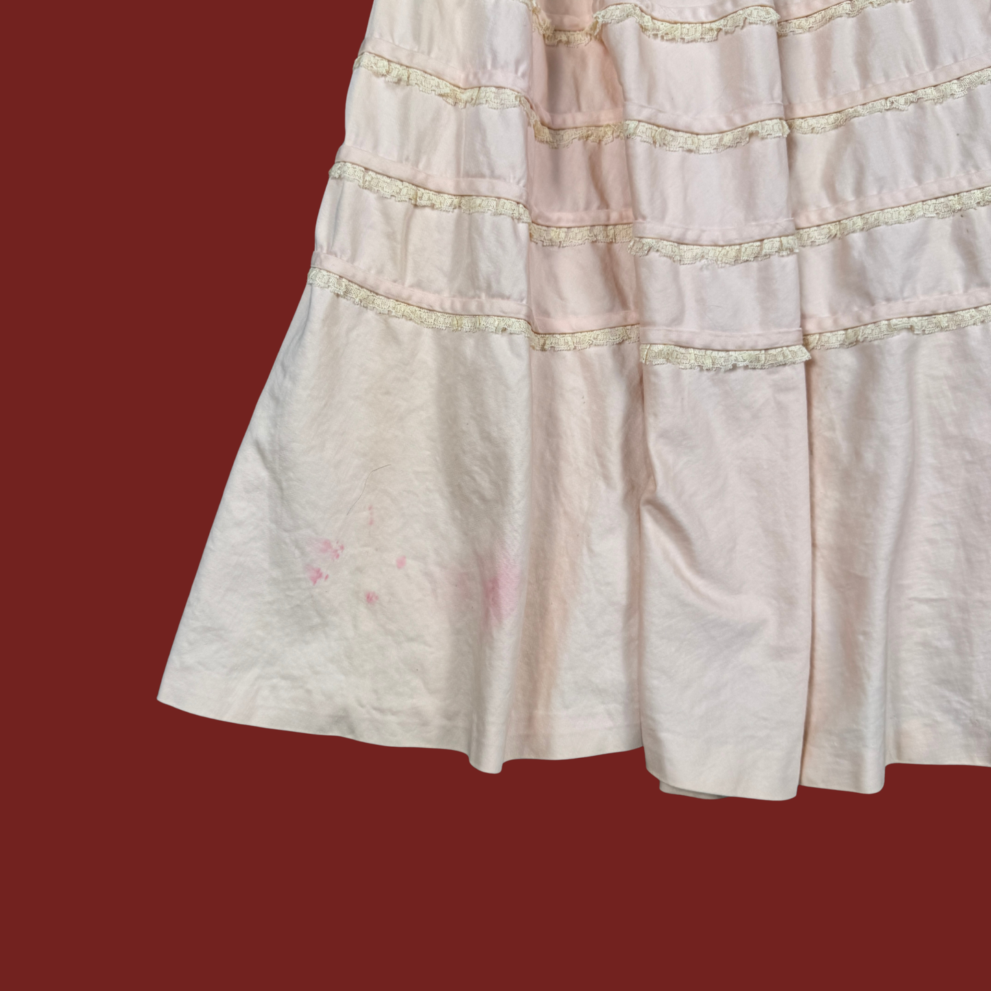 (M) 60s/70s Baby Pink Lace Ruffle Trim Midi Dress