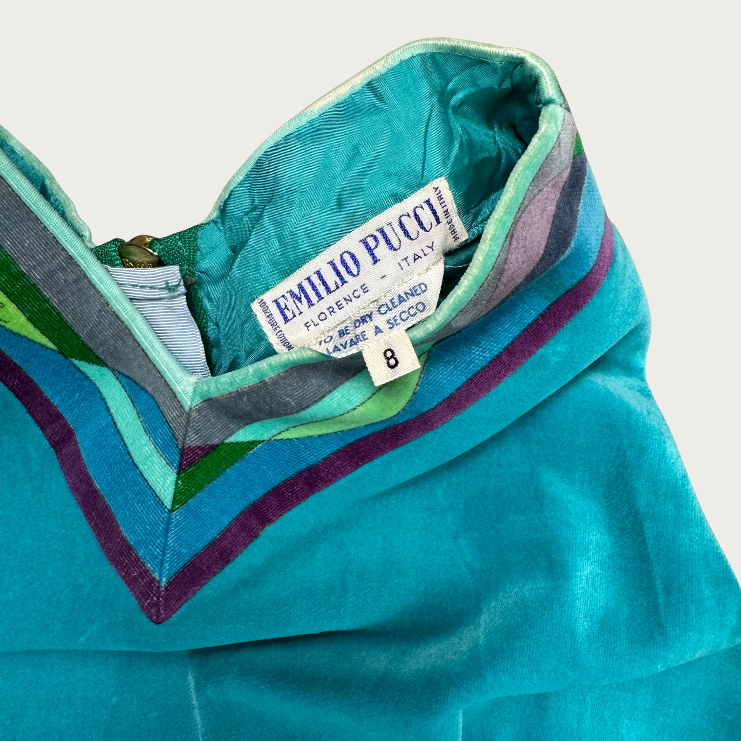 (M) 1960s Emilio Pucci Teal Velvet Signature Op Art Dress