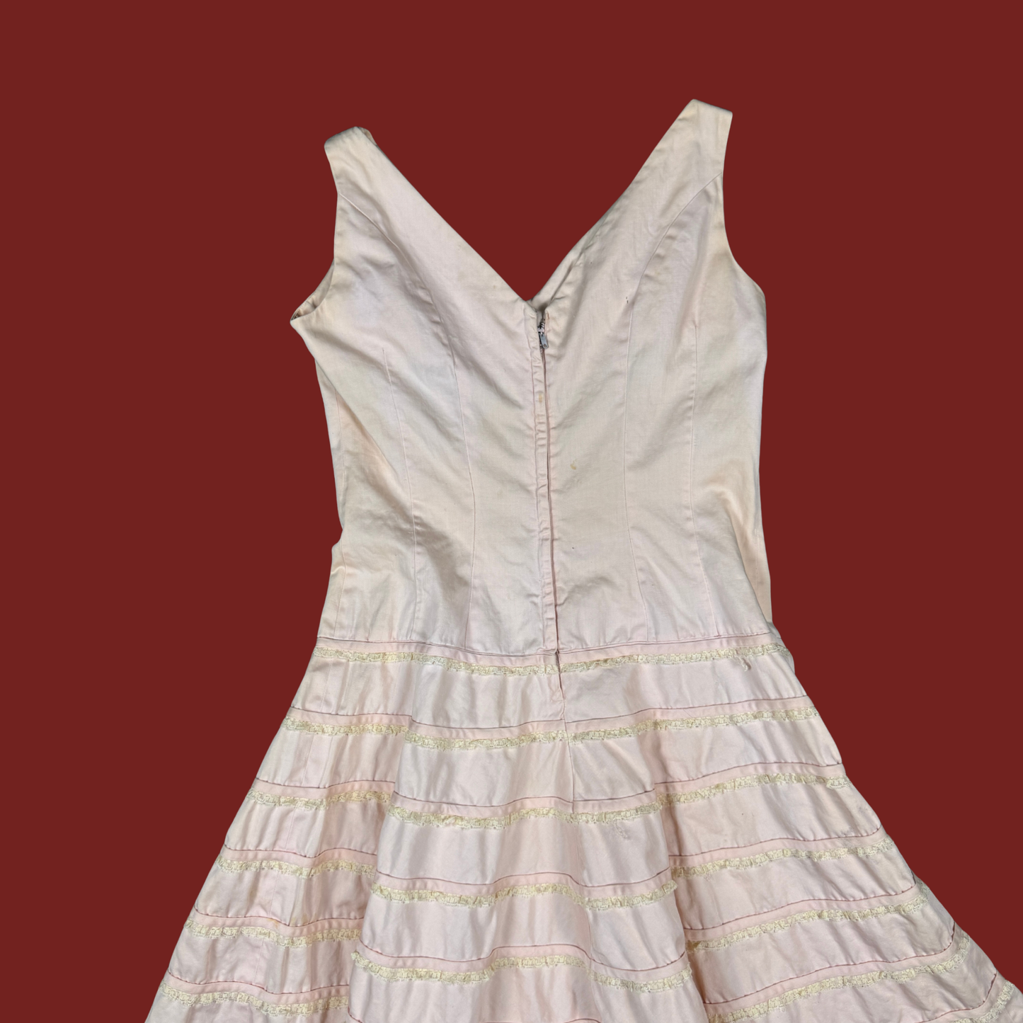 (M) 60s/70s Baby Pink Lace Ruffle Trim Midi Dress