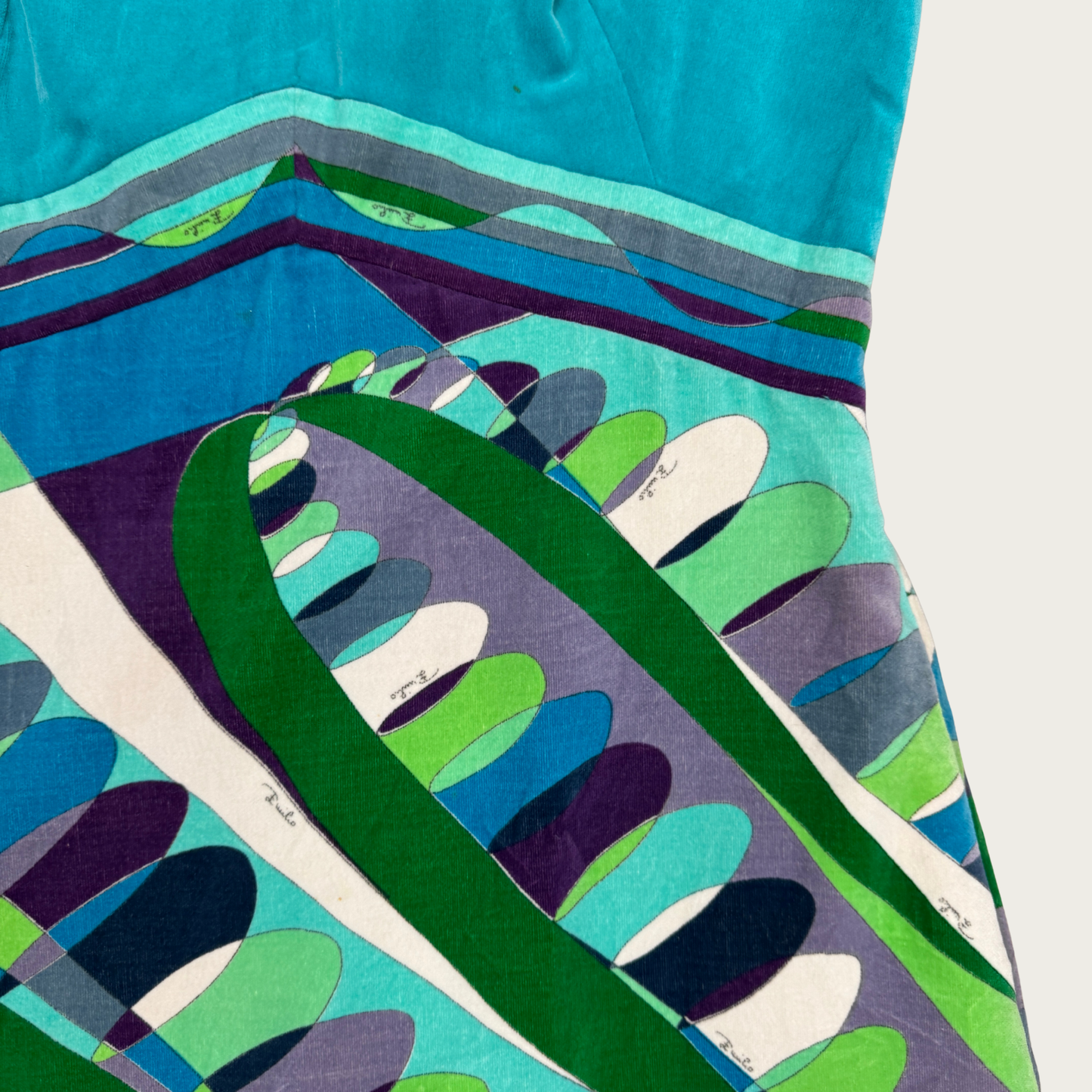 (M) 1960s Emilio Pucci Teal Velvet Signature Op Art Dress