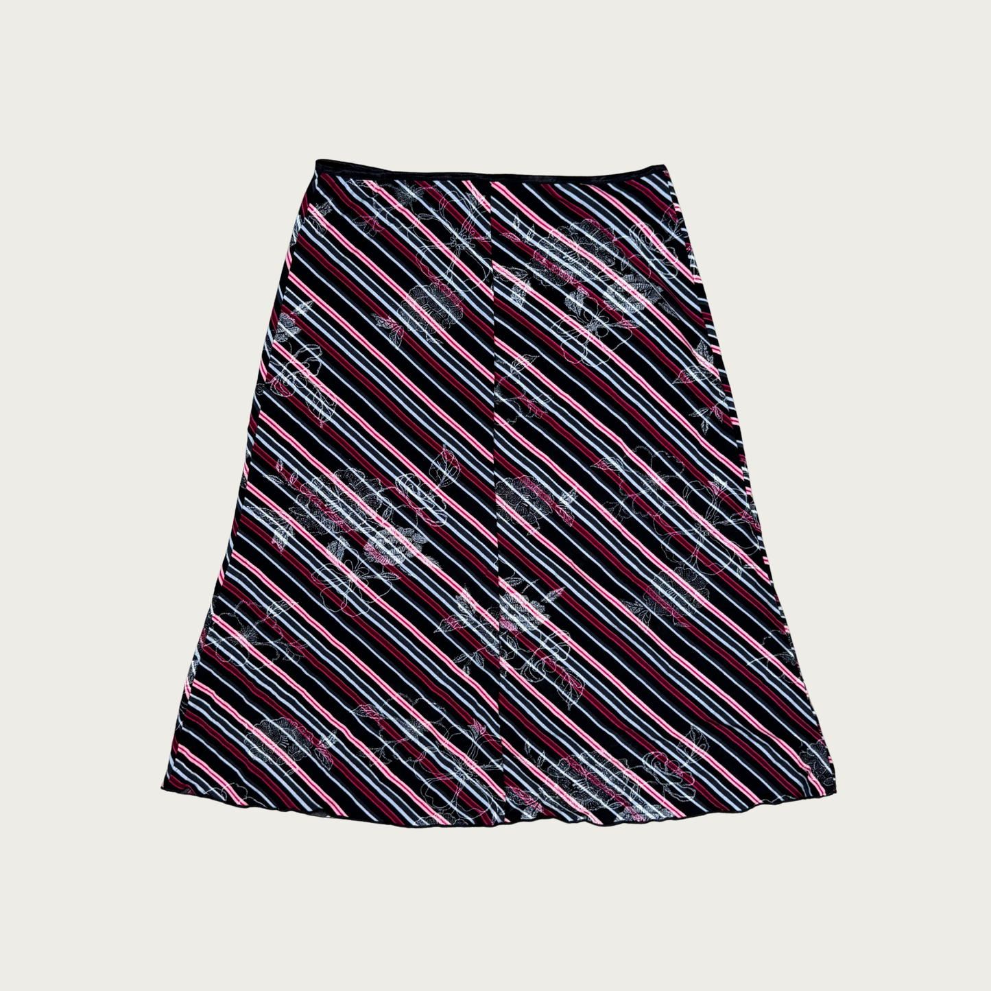 (M) 90s/Y2K Pink/Black Striped Floral Midi Skirt