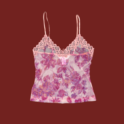 (S) Y2K Pink/Purple Floral Mesh Cami