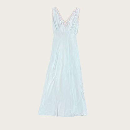 (S) 30s/40s Yolande Baby Blue Silk Embroidered Polka Dot Maxi Slip Dress