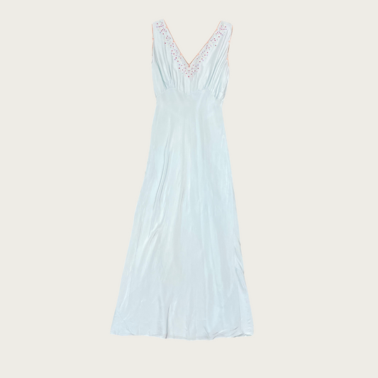 (S) 30s/40s Yolande Baby Blue Silk Embroidered Polka Dot Maxi Slip Dress